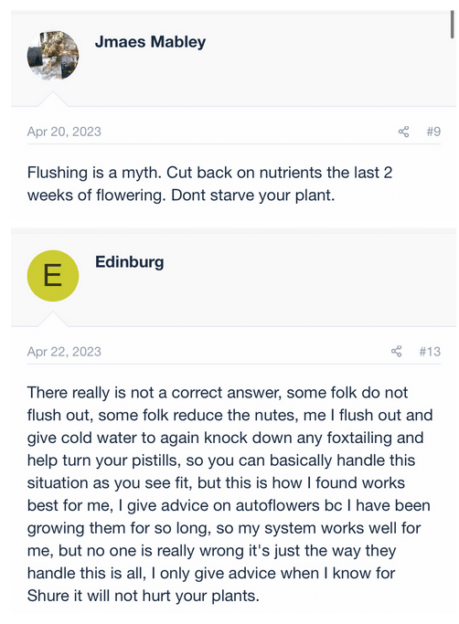 comments from growers forum about flushing