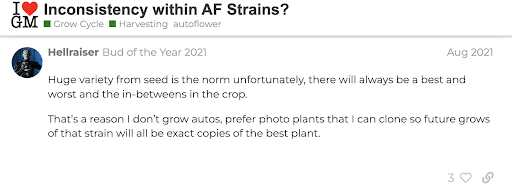 screenshot from growers forum about autoflower cloning