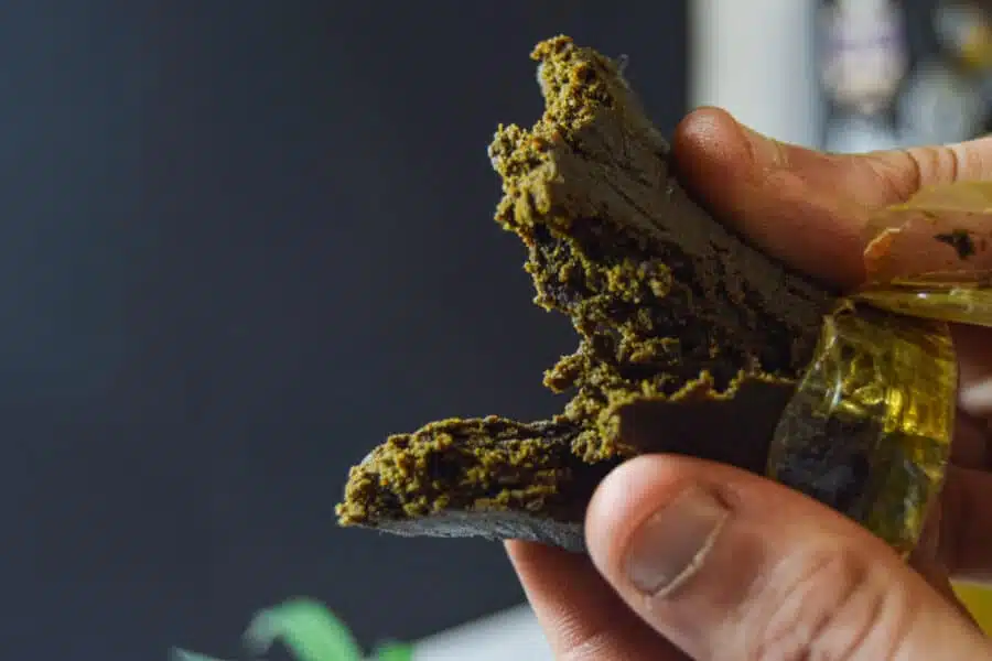 Freshly prepared bubble hash being squeezed out of a container.