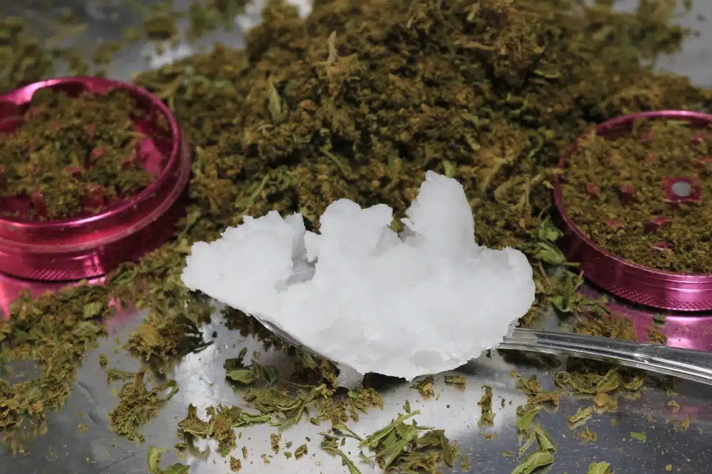 a grinder with ground bud and a spoon of white resin