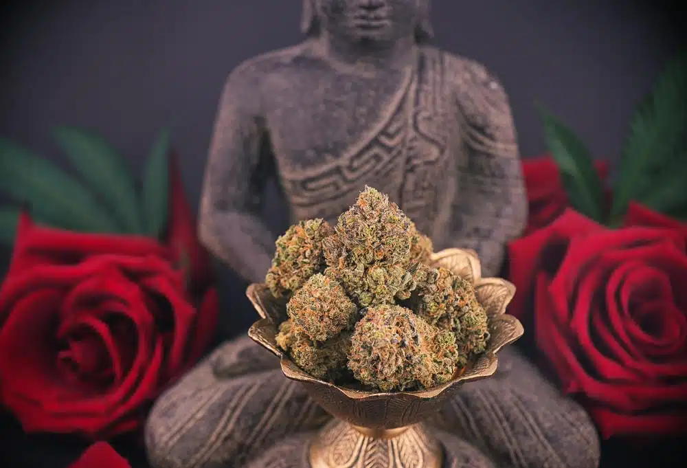 statue of man meditating behind a bronze bowl of weed buds