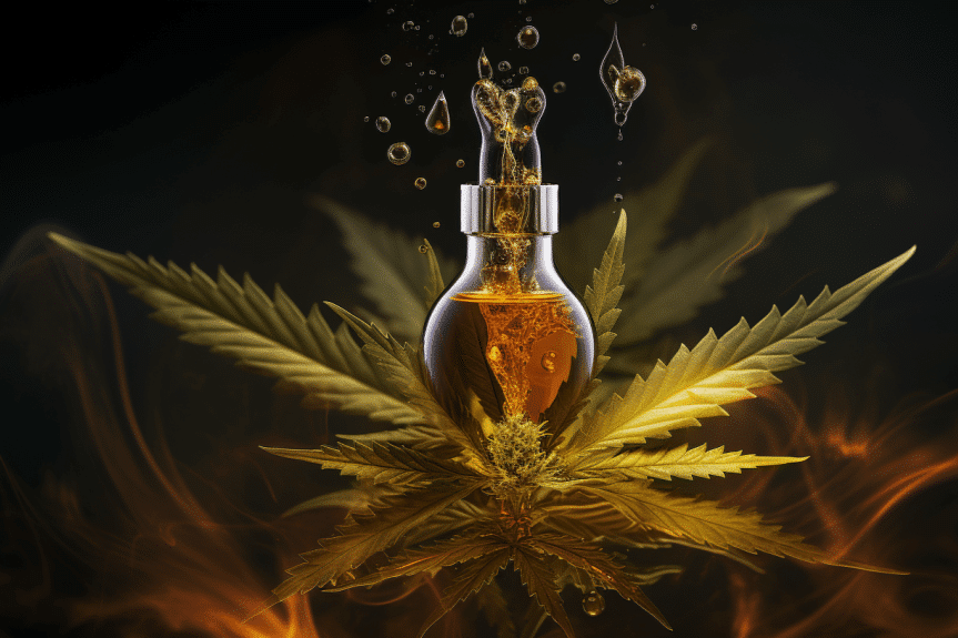 Can you smoke cannabis oil? Close-up of a transparent glass dropper releasing golden cannabis oil, swirling with cannabinoids and terpenes, surrounded by delicate cannabis leaves. An image showcasing the intricate composition of cannabis oil.