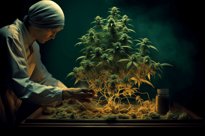 How Are Seeds Feminized? Image portraying the historical process of seed feminization. A traditional botanist carefully hand-pollinates plants using a paintbrush, delicately transferring pollen to female plants.