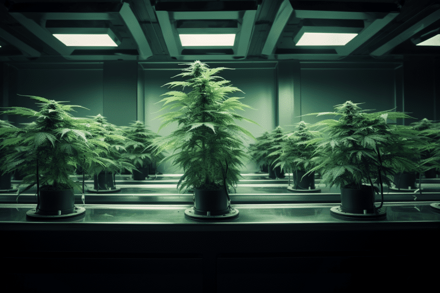 How long should you veg a marijuana plant? A thriving cannabis plant in a spacious indoor grow room, with branches extending horizontally showcasing abundant healthy leaves and a strong root system