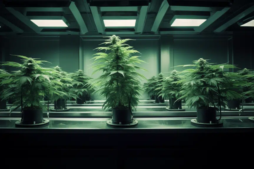 how-long-to-veg-cannabis | The Seed Fair How long should you veg a marijuana plant? A thriving cannabis plant in a spacious indoor grow room, with branches extending horizontally showcasing abundant healthy leaves and a strong root system