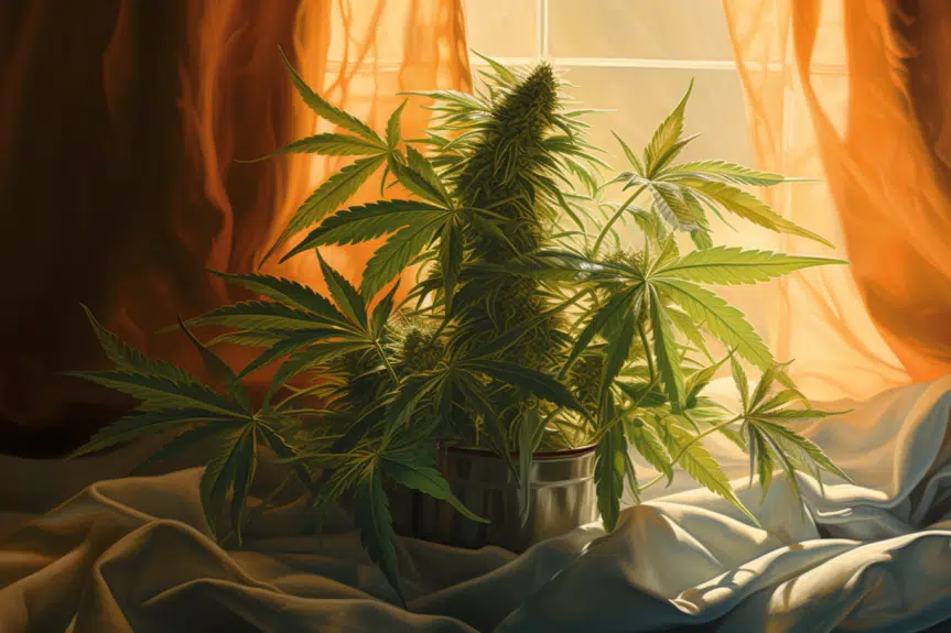 How much light do cannabis seedlings need? A vibrant cannabis seedling bathed in a delicate balance of warm sunlight and gentle shade, emphasizing the essential influence of light intensity and duration on fostering healthy growth
