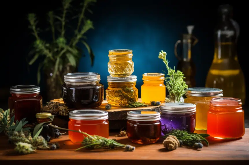 How to infuse honey with cannabis?: Image featuring a diverse array of cannabis strains alongside jars of honey, vividly displaying their vibrant colors, distinct aromas, and unique characteristics.
