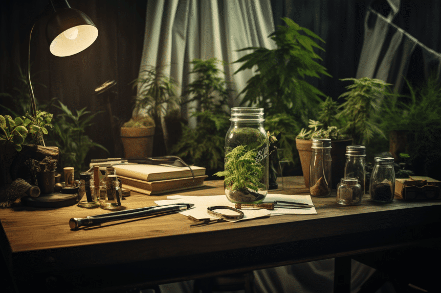 How to trim a cannabis plant? Setup in a well-lit room with a wooden table. Displayed tools include sharp pruning shears, a trimming tray, a magnifying glass, and a bud storage jar.