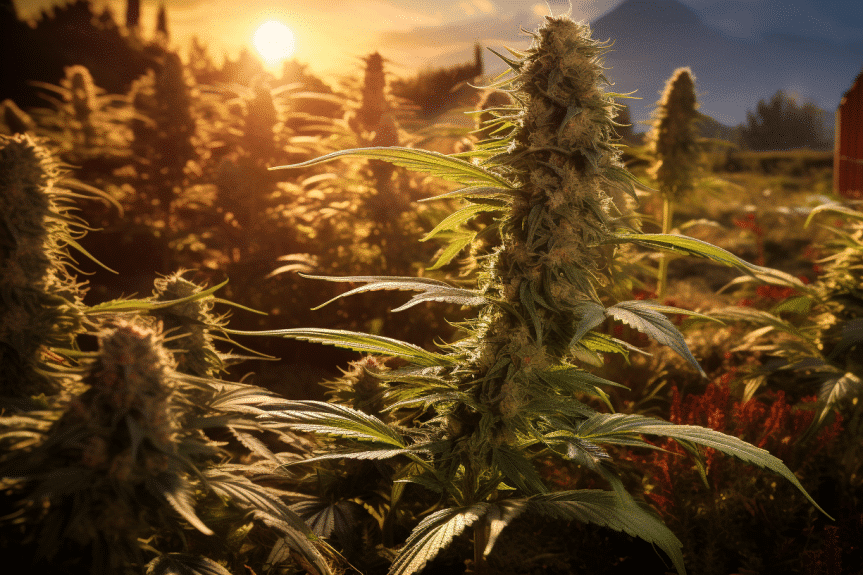 Can you get seeds from feminized plants? A vibrant, sun-drenched cannabis garden is the backdrop, featuring a towering, healthy feminized plant.