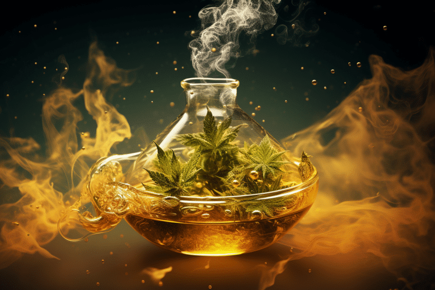 Can you smoke cannabis oil? Transparent glass pipe filled with golden cannabis oil, gently vaporizing into a swirling cloud of fragrant smoke. Explore the process of smoking cannabis oil.