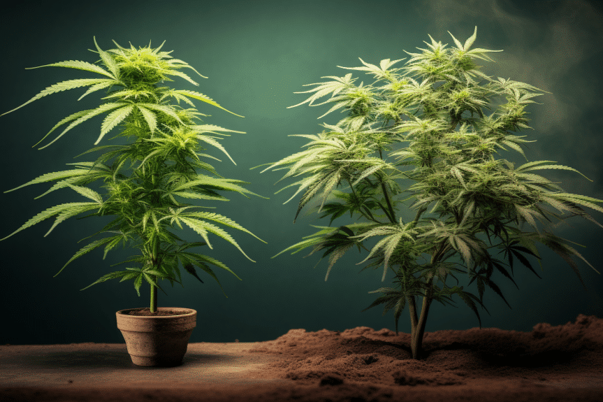 What's the difference between hemp and cannabis? This image displays two distinct plants side by side: a tall, leafy cannabis plant with dense buds and a smaller, fibrous hemp plant with long stalks and sparse leaves.