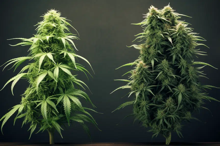 What's the difference between hemp and cannabis? A side-by-side image comparison featuring two distinct plants - a tall, leafy cannabis plant with dense buds and a smaller, fibrous hemp plant with long stalks and sparse leaves.