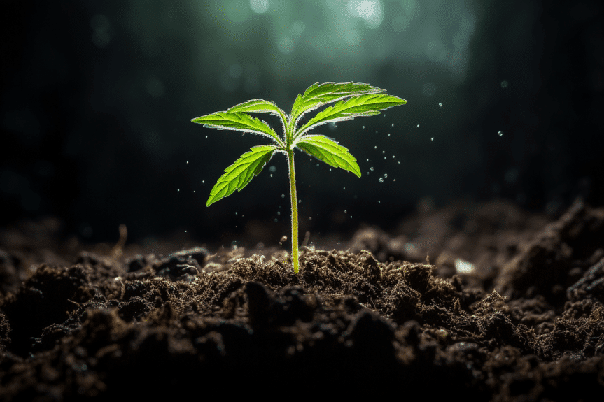 Marijuana seedling breaking through the soil's surface, illustrating 'how long for marijuana seeds to break soil?'. This close-up photograph showcases the intricate sprouting process with vivid colors, highlighting the impact of light, temperature, and soil quality.