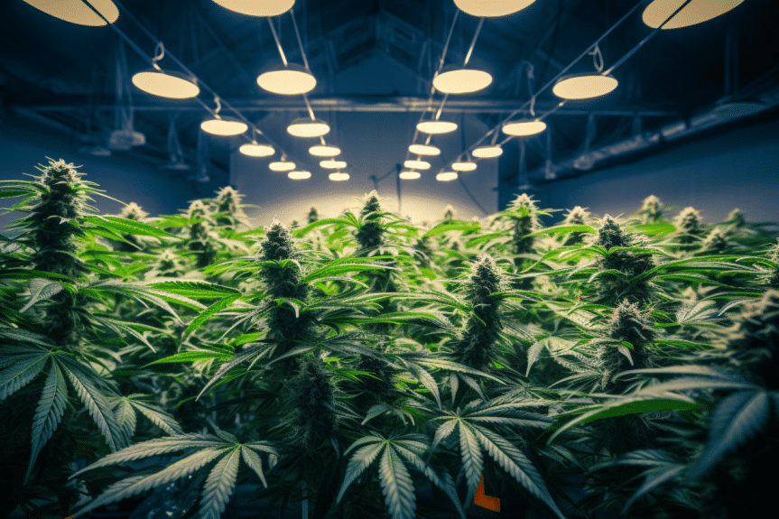 How long should you veg a marijuana plant? A lush, vibrant cannabis plant thrives in a well-lit indoor grow room, with healthy, broad leaves and thick, sturdy stems, exemplifying the ideal duration of the vegetative stage