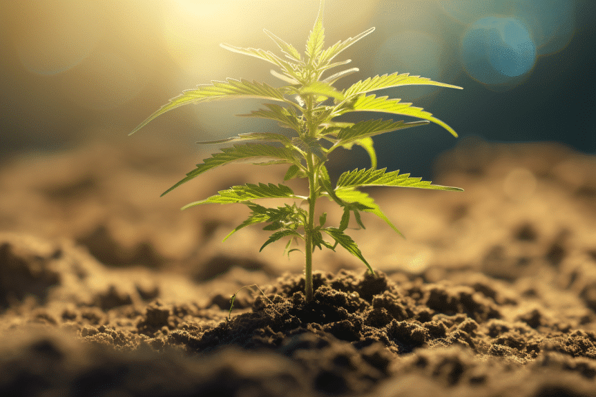 How much light do cannabis seedlings need? A lush, vibrant cannabis seedling, bathed in gentle, warm sunlight filtering through a partially drawn sheer curtain, casting soft, delicate shadows on its leaves and illuminating its intricate features.