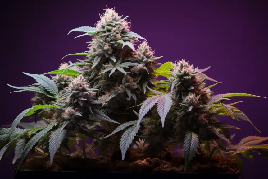 How to Defoliate Cannabis Plants for Maximum Yield: Trimmed cannabis plant with strategically pruned foliage, unveiling numerous healthy buds and enhanced light penetration