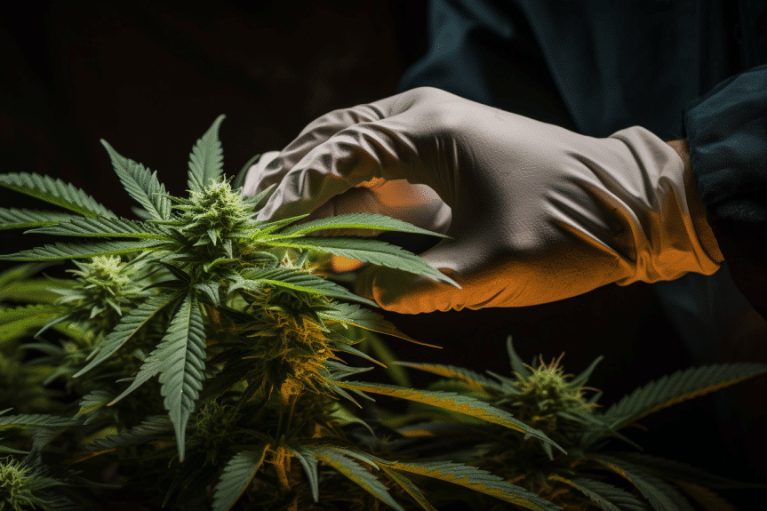 How to Defoliate Cannabis Plants for Maximum Yield: Skilled hands delicately trim lower fan leaves from a thriving cannabis plant, unveiling vibrant, densely packed bud sites.