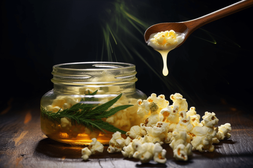 How to infuse coconut oil with cannabis: A glass jar filled with golden-hued, cannabis-infused coconut oil, neatly labeled with a date, sits next to a bowl of popcorn being drizzled with a spoonful of the aromatic oil.