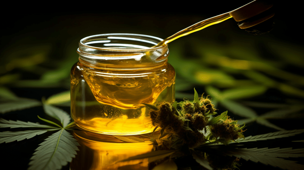 How to infuse honey with cannabis?: A clear glass jar filled with golden, cannabis-infused honey, gently swirling with delicate wisps of smoke. The jar is adorned with a vibrant green cannabis leaf, symbolizing the myriad of health benefits awaiting exploration.