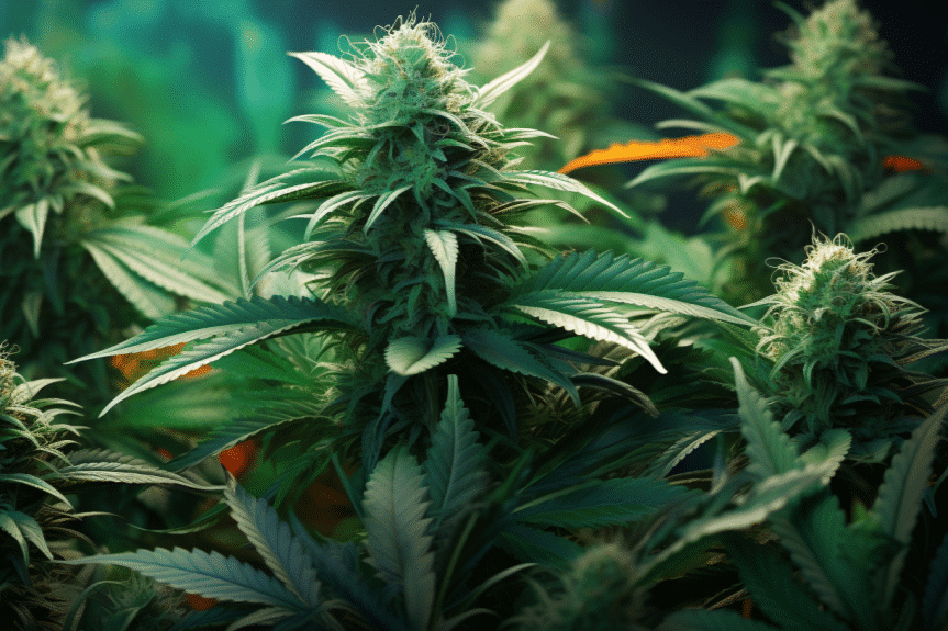 How to tell when to harvest cannabis? Image of a lush, vibrant cannabis plant with healthy green leaves and dense buds, exuding vitality. Pay close attention to details like trichomes, pistils, and overall coloration to determine the ideal moment for harvesting.
