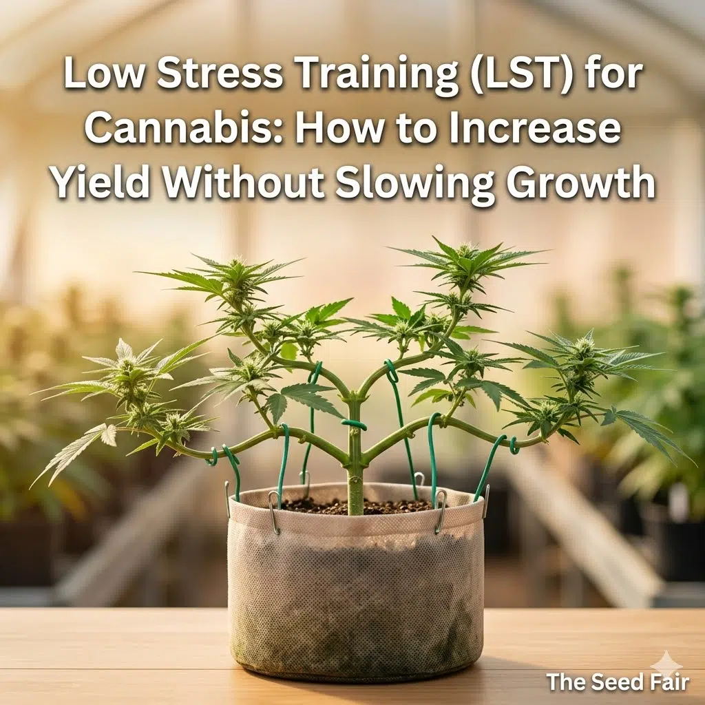 Cannabis plant in a pot trained with green wires for Low Stress Training (LST), illustrating yield-focused guidance from The Seed Fair article.