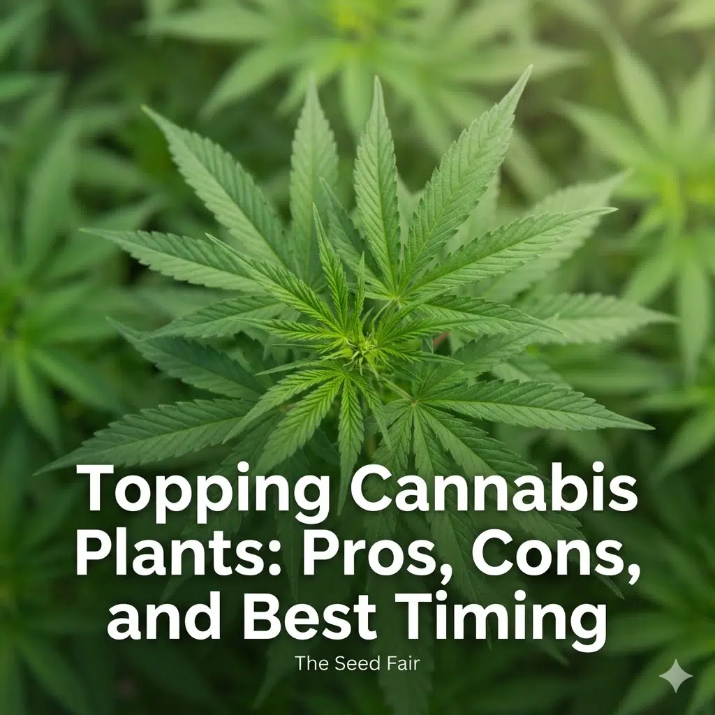 Close-up of a cannabis plant with bright green leaves; title reads 'Topping Cannabis Plants: Pros, Cons, and Best Timing' by The Seed Fair.